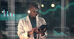 Hologram, tablet and trading with business black woman in office for tracking stock market data on graph at night. App, internet review and technology with happy person at work for investment innovation orprofit