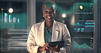 Data, hologram and tablet with face of black woman in office at night for financial innovation. App, graphs and technology with happy employee in dark workplace for future finance or risk management