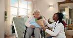 Flowers, wheelchair and doctor with old woman in home for rehabilitation, treatment gift and support. Congratulations, medical and bouquet with senior person with a disability in living room in house