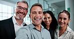 Selfie, face and friends in office with laugh, digital memories and bonding together in workplace. Happy, diverse team and employees with POV, memory capture and connection with social media post.