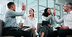 Lobby, high five and business people with tech for teamwork, project collaboration and review. Congratulations, office and manager with employee on tablet for b2b deal, online proposal and feedback