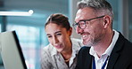 Computer, meeting and mentor with woman in office for feedback, advice or training at finance agency. Corporate, talking and business people on tech with help for financial report, planning or review