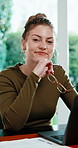 Remote work, face or woman in house with laptop, wealth advisor or about us in finance industry. Smile, glasses or investment consultant with tech, ambition or confidence as freelance risk specialist