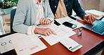 Hands, finance and senior couple with paperwork, laptop and budget planning for mortgage in home. Marriage, talking and man with woman for expenses, debt and financial report, tax and pension fund