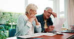 Senior, couple and stress with finance paperwork in home for debt review, overdue bills or talking. Flare, people and worry with invoice for account arrears, court order or pension crisis in marriage