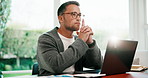 Thinking, glasses and man with laptop in home office, reflection or freelancer with financial report. Data analyst, flare and person with technology, remote work and planning for project in house