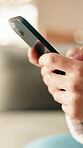 Contact, texting or hands in home with phone, online communication or chat response on digital app. Space, bokeh and person with typing, message notification or conversation on virtual platform.