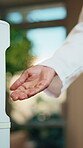 Sanitizer, dispenser and hands of doctor for germ spread prevention, healthcare policy and chemical. Bacteria protection, medical regulation and sanitation protocol with person and spray in hospital