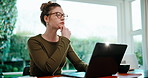 Freelancer, thinking and woman with laptop in home office, research and financial report on website. Remote work, accountant and person with glasses, online and budget review with technology in house