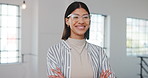 Glasses, arms crossed and face of business woman in office for about us, advertising strategist and pride. Happy, growth marketing manager and opportunity with employee in creative agency for startup