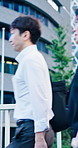 Walking, crowd and business people in city for travel, trip or morning commute to office. Town, professional and workers on bridge for journey, moving and pedestrians for career, job or work in Japan