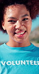 Smile, woman and face of volunteer outdoor with confidence for nonprofit or community service. Happy, about us and portrait of NGO worker with pride for outreach program or social responsibility.