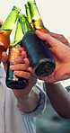 Hands, friends and toast with beer outdoor, social gathering and relax on summer vacation. Cheers, drinks and people with celebration on holiday hangout, party and happy at Oktoberfest reunion