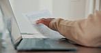Paperwork, laptop and hands of woman in home for financial report, mortgage and online banking. Typing, documents and person with application for finance review expenses and insurance policy