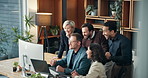 Success, computer and business people in office with applause, good news and investment growth. Corporate, finance agency and workers on pc celebrate for stock market, profit increase and achievement