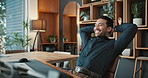 Relax, happy and businessman in office with finished finance report, project or investment growth. Smile, professional and financial manager with completed feedback on stock market revenue at agency.