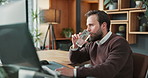 Typing, water and businessman in office with research for finance report with budget planning. Hydration, review and financial manager drinking beverage in workplace with stock market investment.