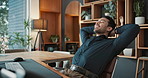 Relax, smile and businessman in office with finished finance report, project or investment growth. Happy, professional and financial manager with completed feedback on stock market revenue at agency.