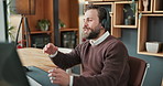 Headset, computer and businessman in office with call center, crm or online consultation. Mic, communication and technical support consultant at agency with contact us, help desk or voip system.