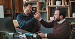 Team, high five and men with computer in business, investment banking and handshake for achievement. Colleagues, shaking hands and celebration for financial development, happy and people with tech