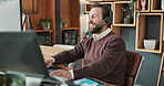 Headset, computer and businessman in office with customer service, crm or online consultation. Happy, communication and technical support consultant with mic at agency with call center or help desk.