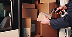Scanner, boxes and hands of deliveryman by van for pricing, barcode or logistics information. Supply chain, cardboard package and employee with parcel for courier, distribution or cargo shipping.
