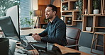 Happy, employee and man with computer in office, info or financial planner with research on website. Corporate, wealth management and business person with technology, online and smile for project