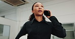 Phone call, building and woman with helmet for evaluation, renovation update and feedback. Contractor, low angle and person on cellphone talking for contact, inspection and schedule for compliance
