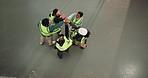 Architect, high five and huddle with above of people for meeting, construction or site survey. Support, engineer feedback and collaboration with employees for building success, space and motivation