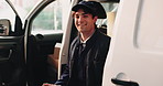 Face, boxes and man in delivery van with smile, logistics or distribution for b2c freight. Package, happy portrait and courier with transportation for supply chain, merchandise or order in vehicle