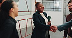 Smile, woman and architect at site with handshake, welcome and introduction for construction. Happy, people and shaking hands with team, applause and onboarding partnership for building development