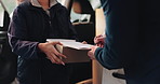 Hands, delivery man and customer with clipboard for signature, compliance and proof of shipment. Courier service, worker and person with safety approval for package, distribution or checklist for box