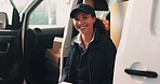 Face, boxes and woman in delivery van with smile, logistics or distribution for b2c freight. Package, happy portrait and courier with transportation for supply chain, merchandise or order in vehicle