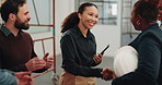 Smile, women and architect at site with handshake, welcome and b2b agreement for construction. Happy, people and shaking hands with team, applause and onboarding partnership for building development