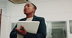 Office, building and woman with clipboard for inspection, evaluation and compliance for renovation. Contractor, low angle and African person for planning, property review and checklist for remodeling