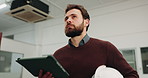 Architecture, building and man on tablet for inspection, evaluation and compliance for renovation. Helmet, thinking and person on tech for planning, online review and digital report for remodeling