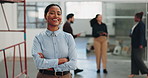 Crossed arms, happy and face of businesswoman in office with confidence for creative career. Smile, about us and portrait of magazine editor with pride for job opportunity at startup in workplace.