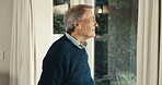 Thinking, smile and senior man at window with insight, daydreaming and nostalgia in calm mindset. Retirement, reflection or elderly person with memory, happy flashback or peaceful perspective in home