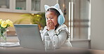 Headphones, elearning and tablet with black child in kitchen in home for reading, education and streaming. Virtual course, homework help and online class with kid for study, student and exam