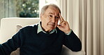 Thinking, sad and old man in home with headache, anxiety trigger and regret with trauma memory. Mental health, bokeh and senior person with migraine, overthinking and flashback in emotional thoughts.