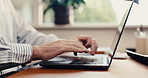 Typing, laptop and hands of business man for finance report, research and investment review. Remote work, home office and person on computer for financial proposal, budget planning and online audit
