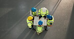 Architect, team and people with blueprint in building, talking or planning for property development. Civil engineer, space and colleagues with paperwork, above and collaboration on construction site