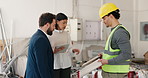 People, architect and tablet with tiles for building renovation, styling option or choice on site. Group, employees or technology with decision for construction, installation or interior architecture
