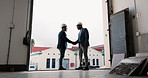 Construction, handshake and men with safety inspection, building deal and approval in site check. Industrial, partnership and engineer with shaking hands, agreement and clearance in compliance review
