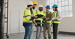 Construction, team and discussion at worksite with tablet, planning tasks and strategy for maintenance. People, notes and engineers on site with technology, review or schedule update for productivity
