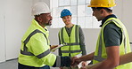 Engineer, team and handshake at site with tablet, planning tasks and agreement for maintenance. Men, shaking hands and business deal for construction with tech, introduction and project management