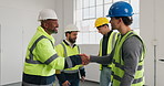 Architect, team and meeting with handshake on construction site for building renovation together. Happy people, group or contractors shaking hands with smile for architecture development or project