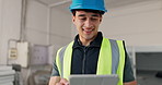 Contractor, man or tablet at construction site for building progress, design review or reading email. Tech, happy person and civil engineering feedback, development info and laugh at report update