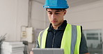 Engineer, man or tablet at construction site for building assessment, design review or reading email. Tech, serious person and civil engineering, development information and check report update