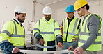 Engineer, blueprint and men planning together on construction site, project and teamwork. Civil engineering, floor plan or talk for renovation, diversity and architecture for building development